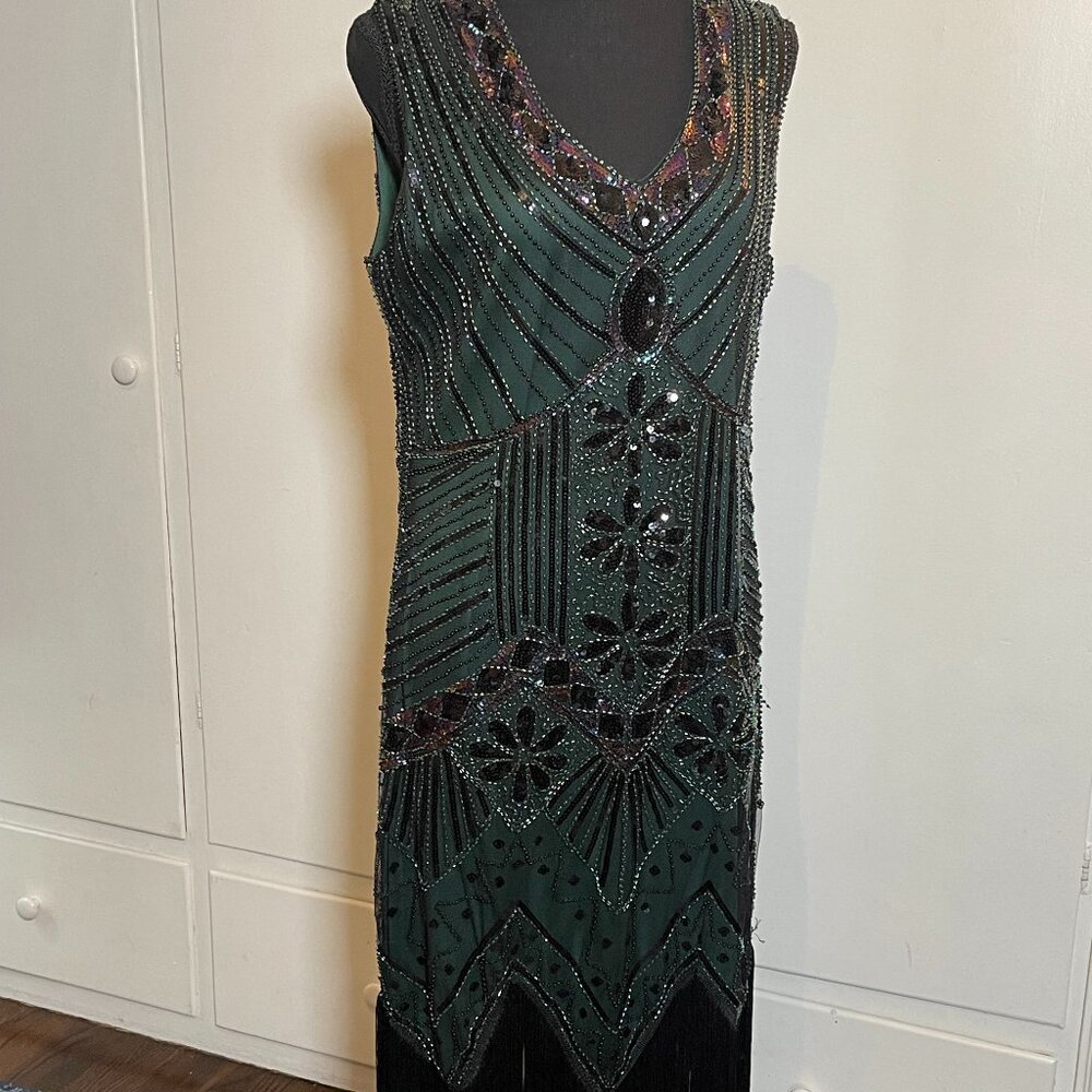 1920s Gastby Sequin Art Nouveau Embellished Fringed Flapper Dress